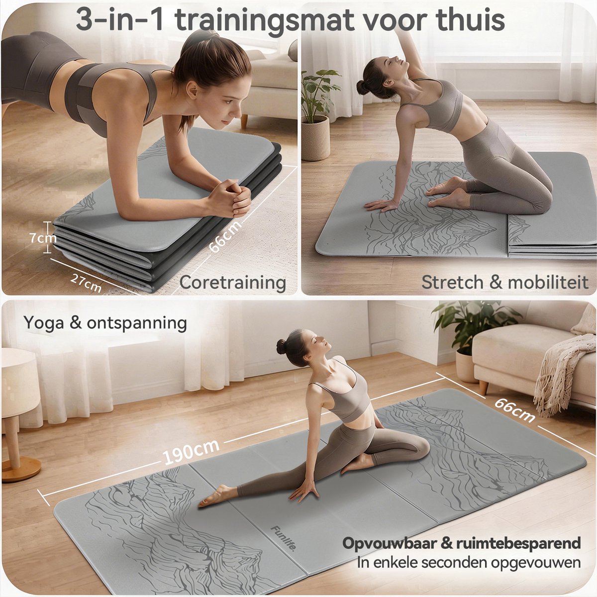Funlife Opvouwbare Yogamat 190 x 66 cm - 10 mm Dik - Antislip Fitnessmat voor Yoga, Pilates en Thuis Workout - Grijs Berg Design thumbnail 4