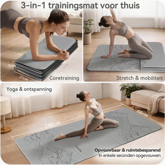 Grijze, opvouwbare trainingsmat met bergmotief, ideaal voor yoga en coretraining. Afmetingen 190x66cm.