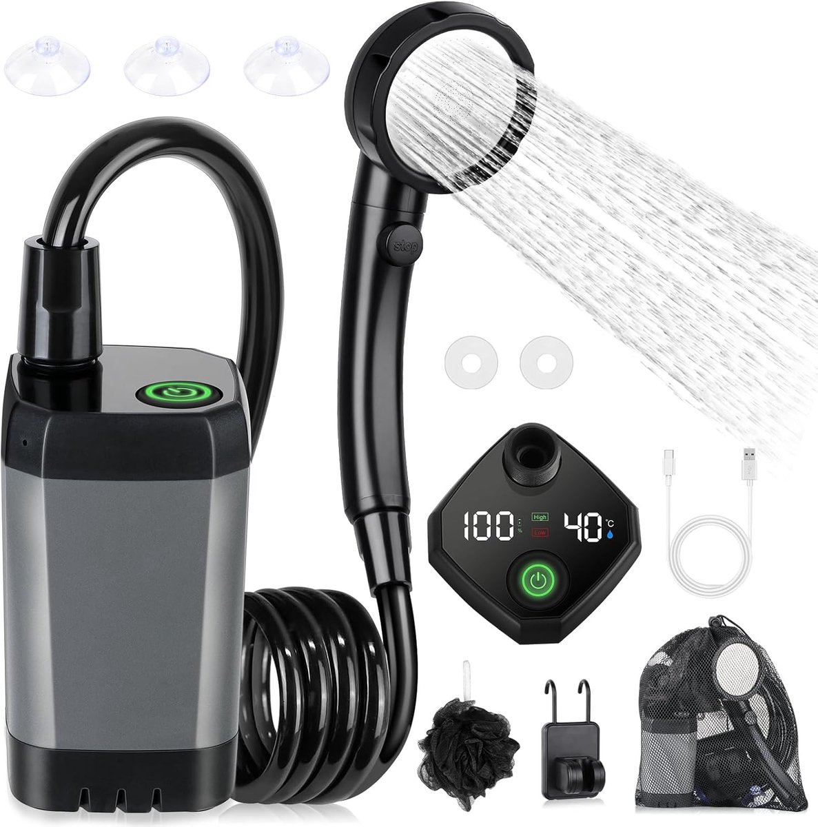 Camping Douche - Buitendouche - Met Temperatuurweergave - Buitendouche Oplaadbaar - Outdoor set - Tuindouche - Draagbare Douche - Mobiele Douche - Voor tuin, autowassen, strand, reizen en huisdieren - Grijs