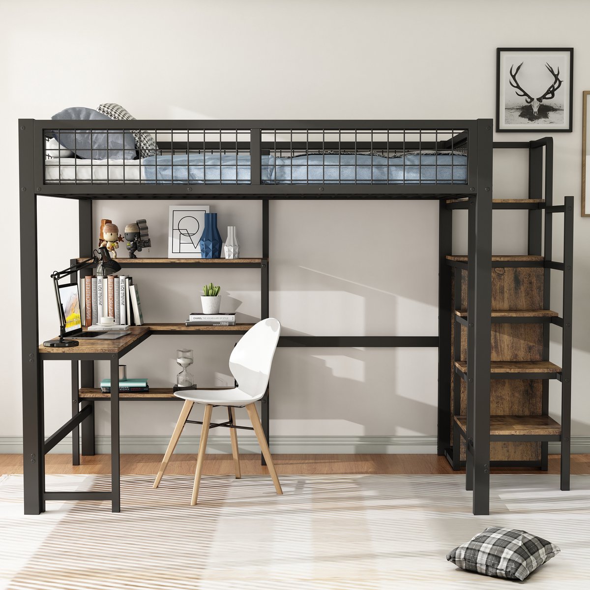 Zubaliya Hochbett 140x200 cm Zwart - IJzerbett met Schreibtisch, Einbauschrank & Regalen - Zonder Matratze Zwart + Bruin