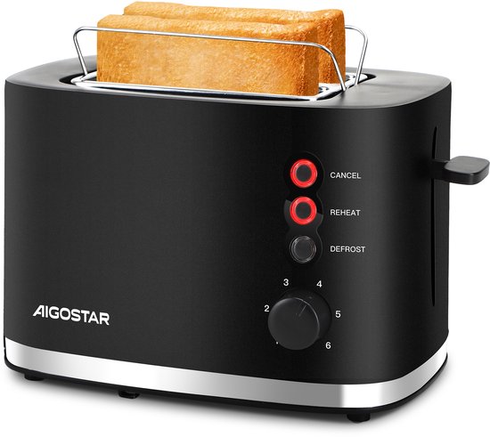 Aigostar Retro Broodrooster - Toaster - 6 Warmteniveaus - 2 Extra Brede Sleuven - 800W - Zwart