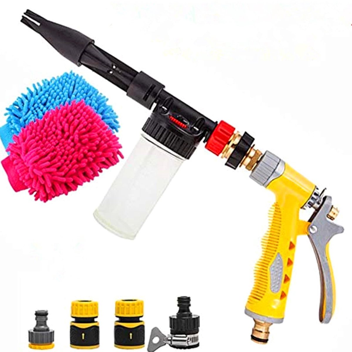 Allecto - Auto schuimpistool - Dubbelzijdige washandschoen - Handmatige sproeikop - Geel - Sproeier voor tuinslang - Reinigingsmondstuk - Geschikt ...