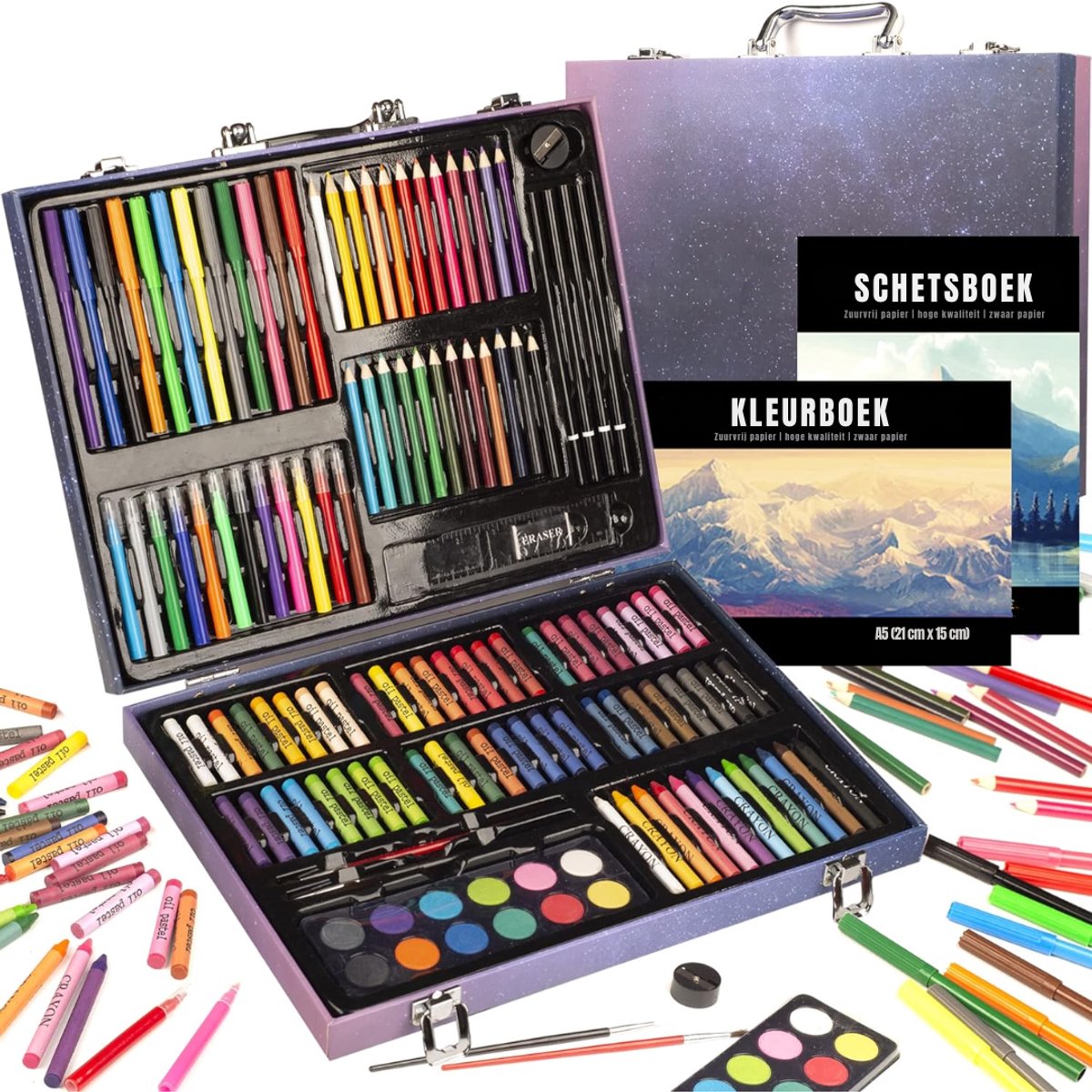 Aura® Tekenset - Tekendoos - Tekenkoffer - Tekenset Volwassenen - Tekendoos Voor Kinderen - Paars- 37cm x 28cm x 6cm; 1.1 kg