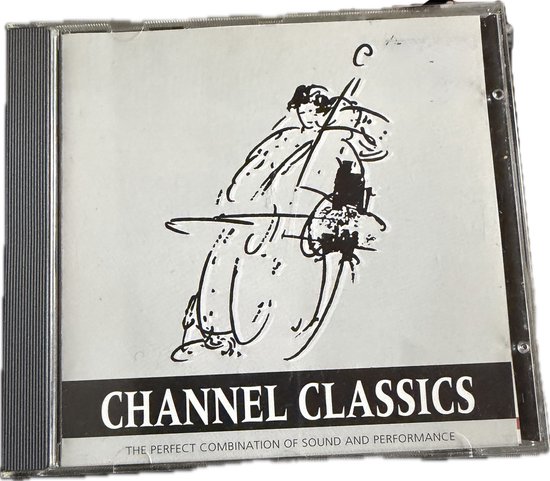 Cd-hoes met witte achtergrond, lijntekening van een cellist en tekst "CHANNEL CLASSICS".