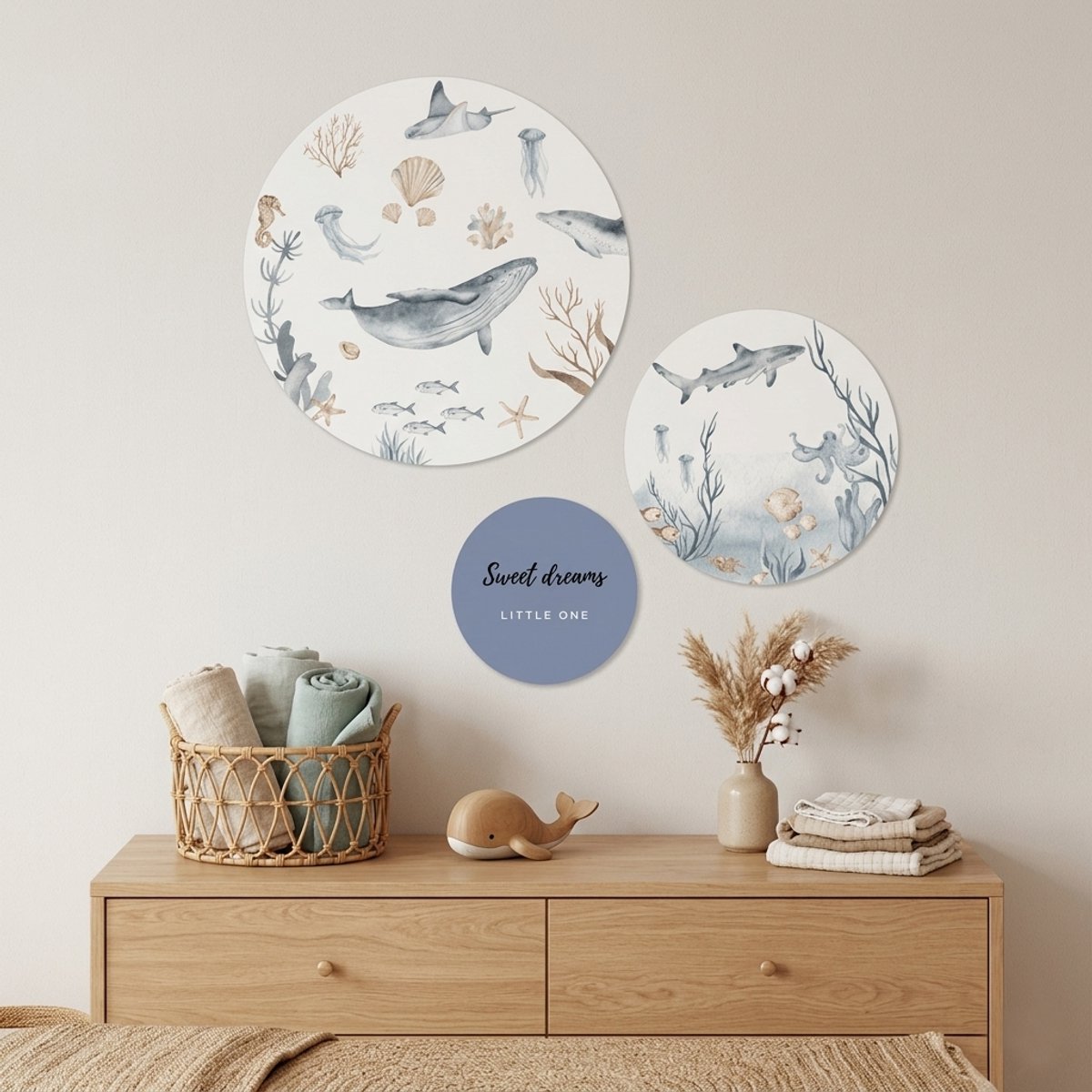 Muurcirkel zeedieren- babykamer decoratie - versiering - wandcirkel baby - set van 3 cirkels
