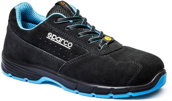 Chaussure de travail Sparco noire avec doublure et semelle bleues. Le logo Sparco est blanc.