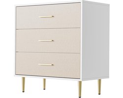 Aptliton 3-Drawer Bedside Table, Wooden Linen-Texture Finish, Gold Handles, Metal Legs, Bedroom or Living Room, White