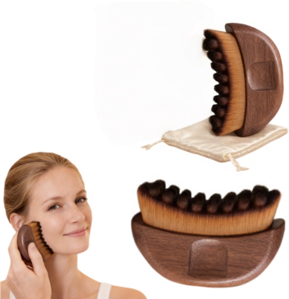 2-Delige Gezichtsborstel Voor Lymfedrainage En Contouren - Gezichtsborstel Met Houten Handvat - Droge Gua Sha-Borstel Voor Gezichtsverjonging, Bruin