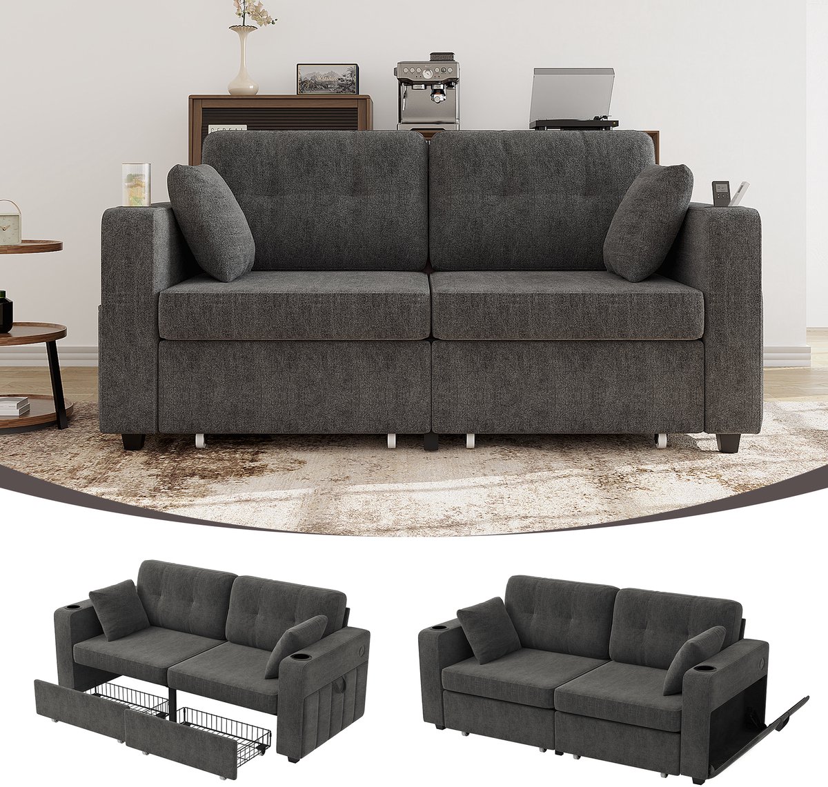Tweezitsbank Met Opbergladen - USB Poort En Bekerhouders - Chenille Stoffen Bank - Grijs - 172cm