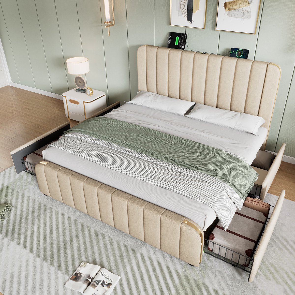 Gestoffeerd Bed 140x190 - Tweepersoonsbed Met USB En Opberglades - Beige Linnen Bed Met Gouden Details