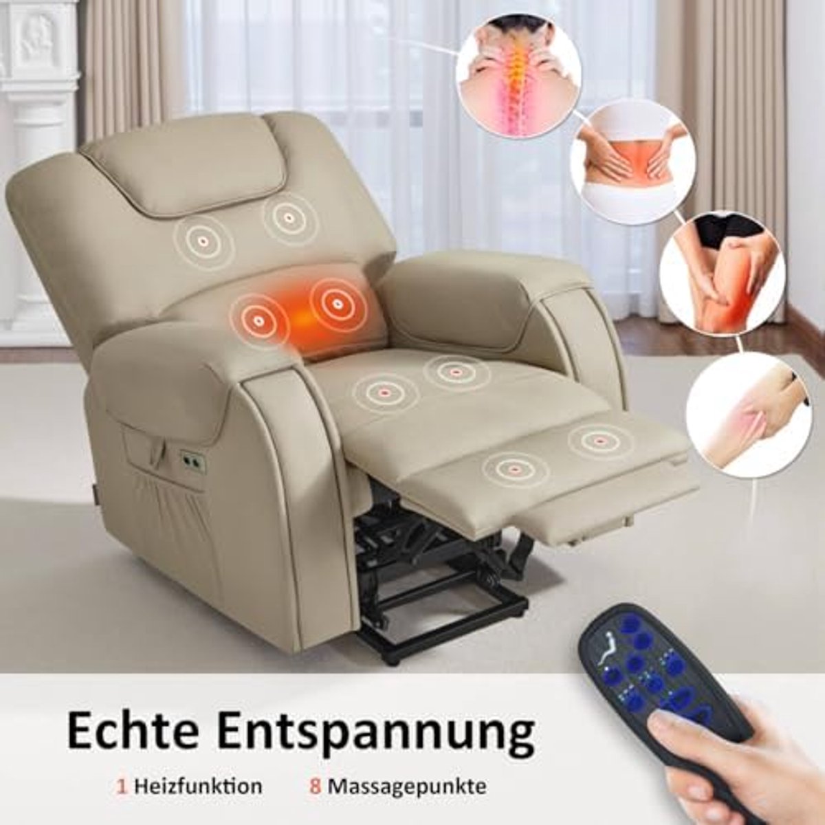 MCombo Elektrische Relaxfauteuil met Sta-op Hulp - Massage & Verwarming - 145° Ligfunctie - Verborgen Bekerhouders - Beigebruin Microvezel – foto 2