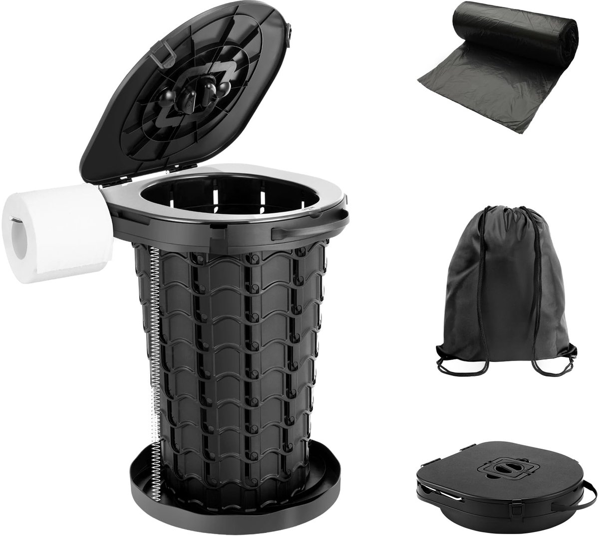 Groot Chemisch Toilet - Campingtoilet - Opvouwbaar Volwassenen Toilet met Deksel & Rolhouder - Inclusief Draagtas - Voor Auto Reizen, Noodgevallen, Tent, Slaapkamer, Zwembad, Feest, Strand - Draagvermogen 200 kg