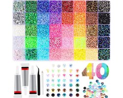 REWYTAZ-Luxe Strasssteentjes Set - 40 Kleuren - XXL DIY Rhinestones Kit met 3x 10ml Lijm -Bedazzle Steentjes voor Nagels en Kleding - Hobby Pakket