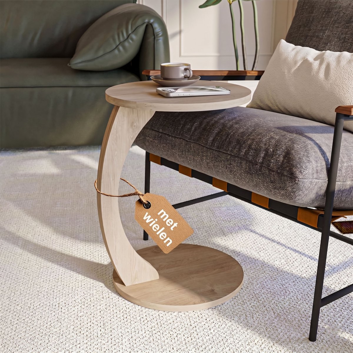 sugodesign Bijzettafel met Wielen – C-vormige Banktafel – Ronde Salontafel voor Woonkamer – Rookeikenlook