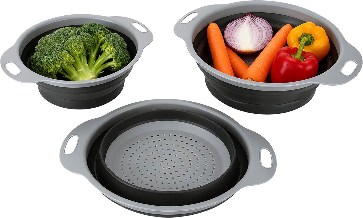 Swiss Haus® FS3S Siliconen Vergiet - Opvouwbare - 3 stuks Afdruipmandje - BPA Vrij - Groenten en fruit - Vaatwasserbestendig - Hittebestendig - Grijs