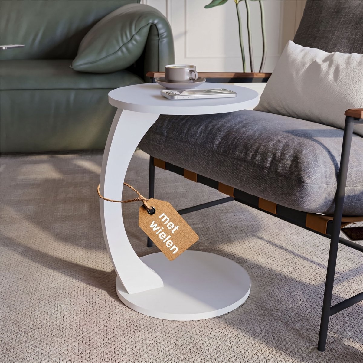 sugodesign Bijzettafel met Wielen – C-vormige Banktafel – Ronde Salontafel voor Woonkamer – Wit
