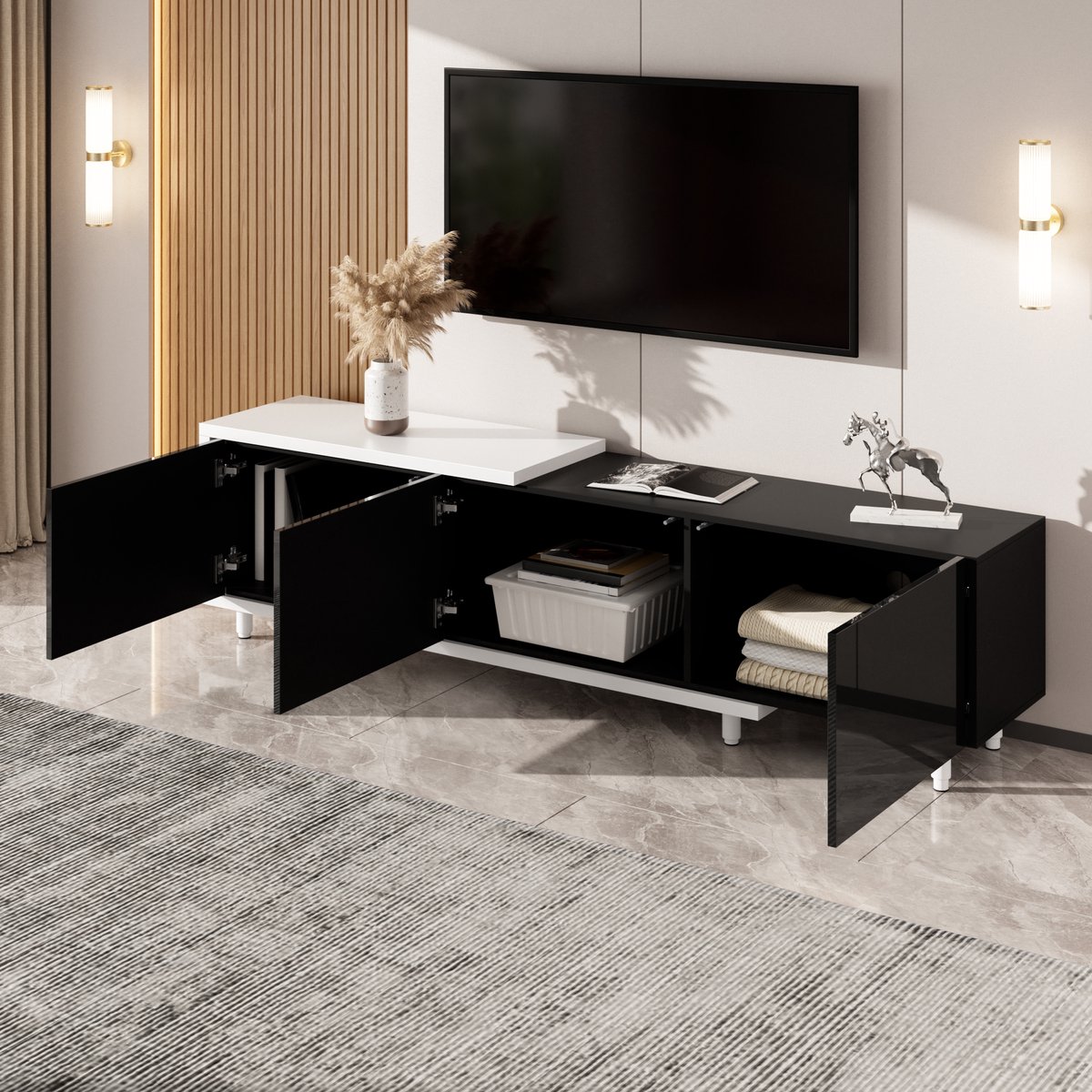 REDOM - TV-Meubel - Uitschuifbaar Met 3 Hoogglans Deuren - Modern - Voor Woonkamer - MDF E