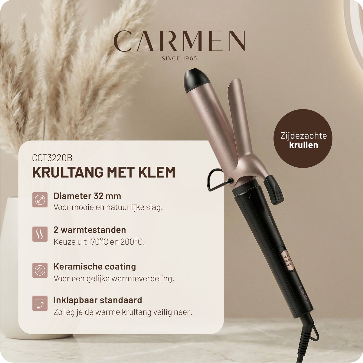 Carmen CCT3220B - Krultang met klem - Haarkruller - Diameter 32 mm - 2 warmtestanden - Keramische coating thumbnail 2