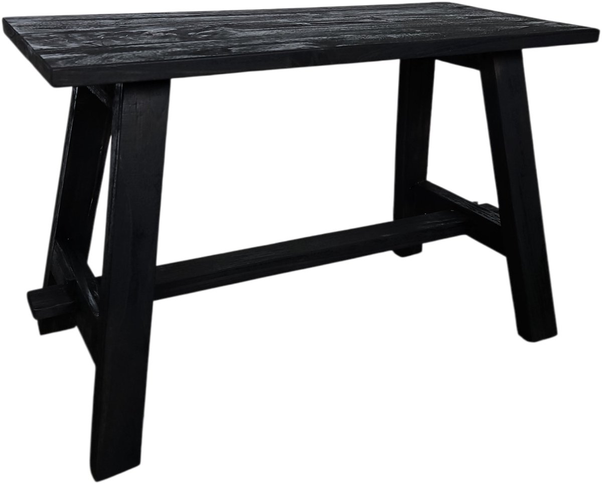 Bank Zwart Gerecycled Teakhout | Handgemaakte Houten Kruk 70x45x30 cm | Bijzettafel Hout Zwart | Rustieke Zwarte Houten Bank | Indonesisch Ambacht