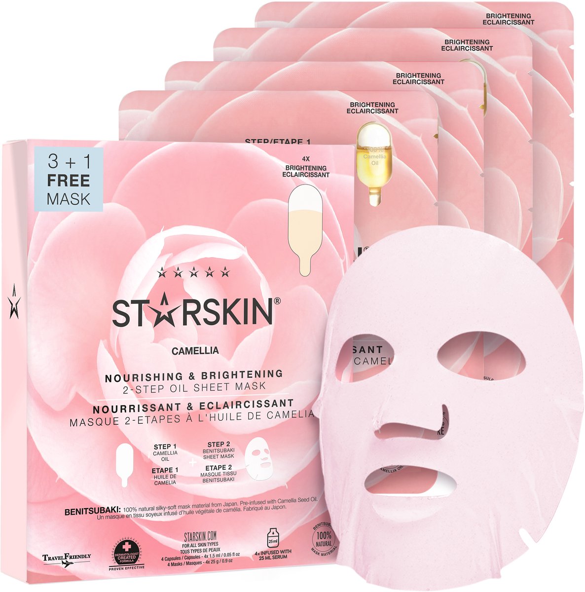 STARSKIN® Camellia 2-Stappen – Gezichtsmasker / Sheet Mask – Voedend, Verhelderend & Hydraterend – Korean Skincare voor alle huidtypen met Serum van Camellia-olie, Niacinamide & Pioenwortel – 4×25 g