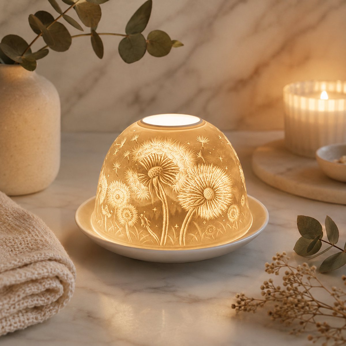 Candle Wisdom Dandelion - Porseleinen Waxinelichthouder - Cadeau voor Vrouw - Housewarming Cadeau - Paardebloem Decoratie - Gezellige Sfeerverlichting - Tafeldecoratie