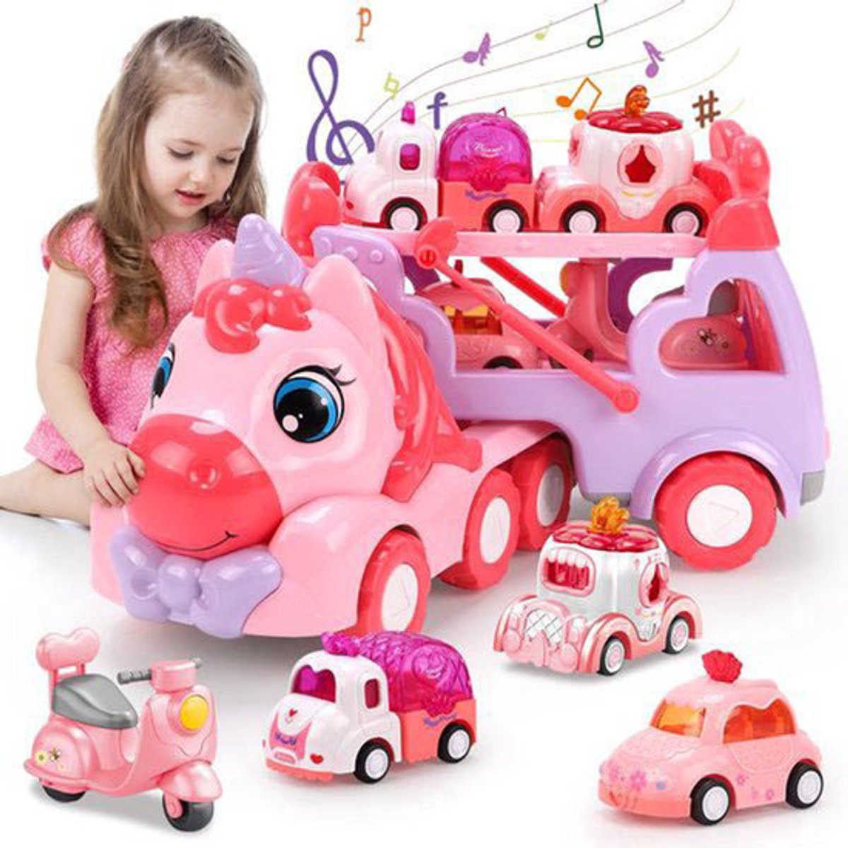Speelgoedtruck 5-in-1 - speelgoed vrachtwagen - Roze Eenhoorn Vrachtwagen Speelgoedset met Licht & Geluid - van 3-6 Jaar