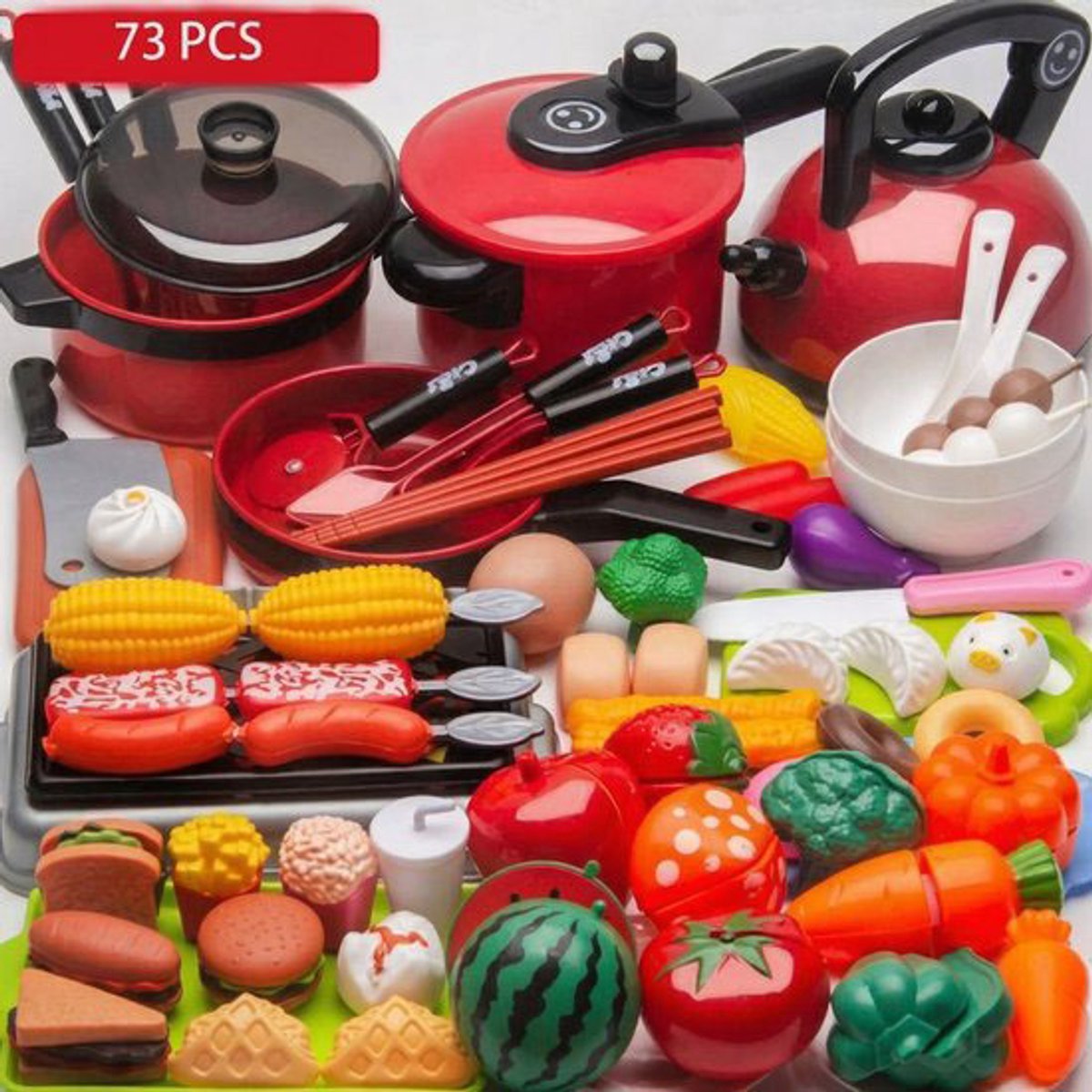 Speelgoed Keuken - 73 pcs Keukenspeelgoed - Delige Speelkeuken Accessoires Set - XXL Keukenspeelgoed - Inclusief Inductiekookplaat, Pannen, Snijfruit & BBQ - Educatief Kinderkeuken Speelgoed - Cadeau voor 3 Jaar