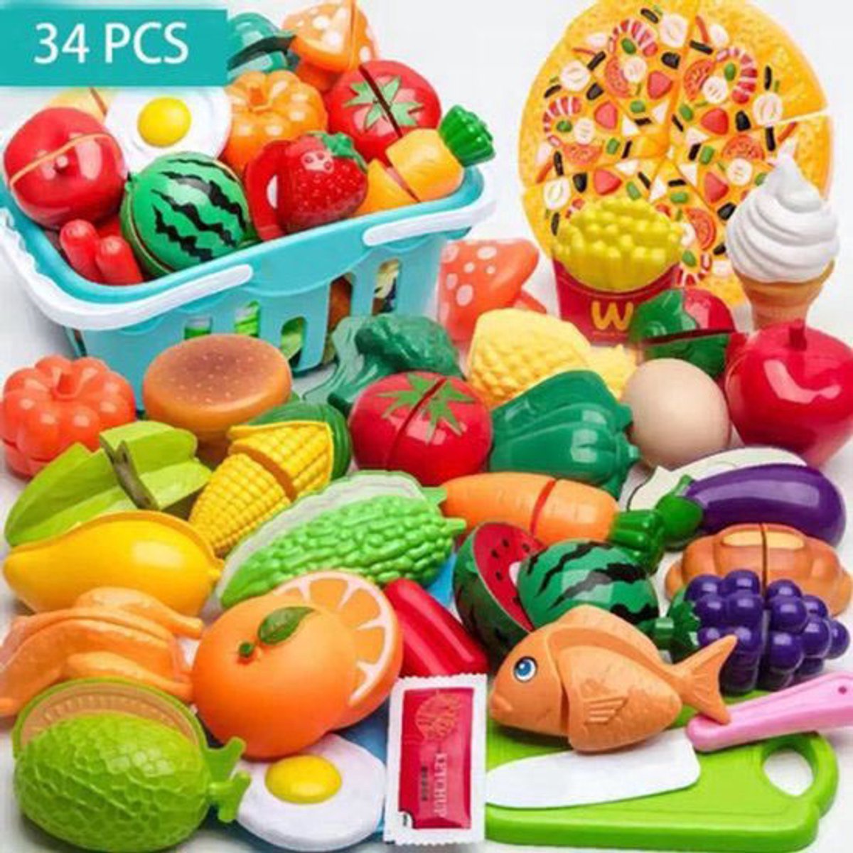 Speelgoed Keuken - 34 pcs Keukenspeelgoed - Kinderkeukengerei Dinette Voedsel Groenten en fruit Snijspeelgoed, kookspelaccessoires - Speelkeukentje voor kinderen vanaf 3 jaar