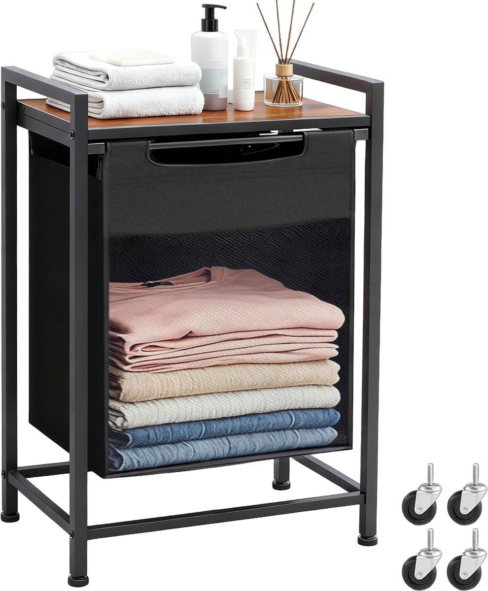 Wasmand Met Opbergplank 65L – Wasgoedmand Met Metalen Frame 50×33×72 cm – Wasmand Voor Badkamer en Wasruimte