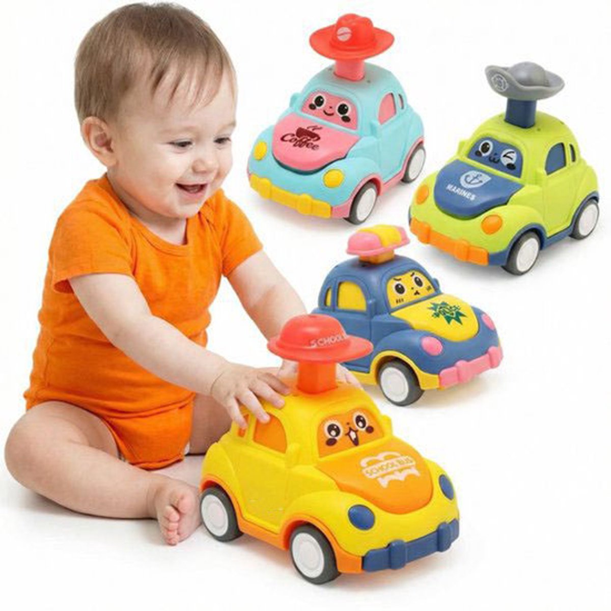 4 Stuks Press & Go Speelgoedautos voor Kinderen 1-3 Jaar - Educatieve Voertuigen Set - Veilig Baby Speelgoed - Cadeau voor Jongens en Meisjes 12-36 Maanden