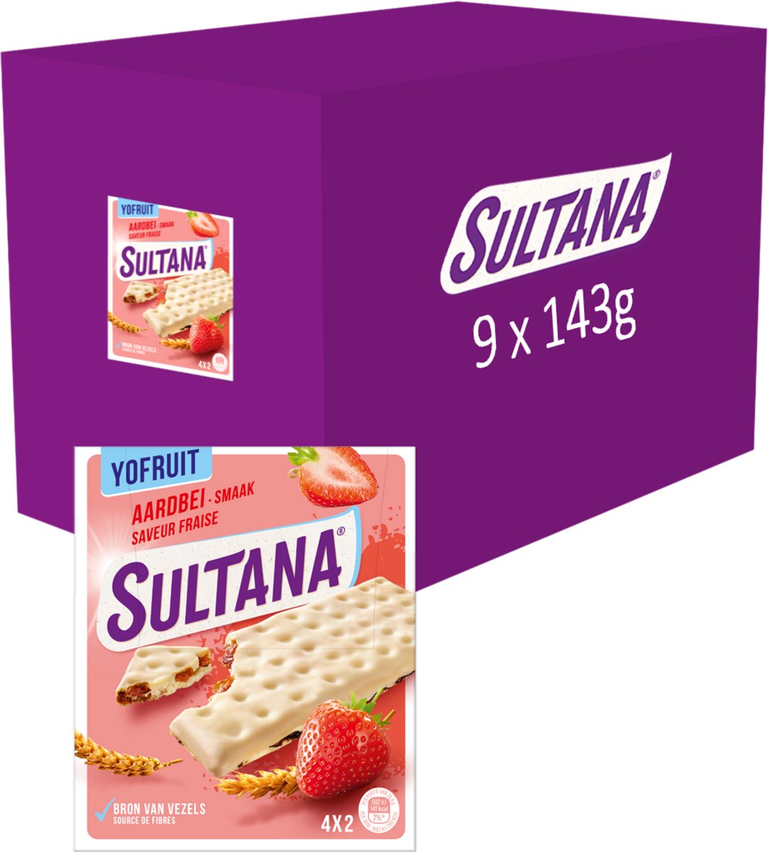 Sultana - Tussendoortje - YoFruit Aardbei fruitbiscuit - 9 x 143 gram