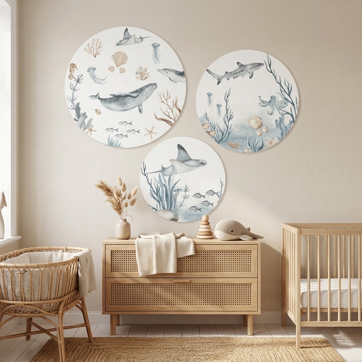 Muurcirkel zeedieren- Waldvis - haai - babykamer decoratie - jongens - versiering - wandcirkel baby - set van 3 cirkels