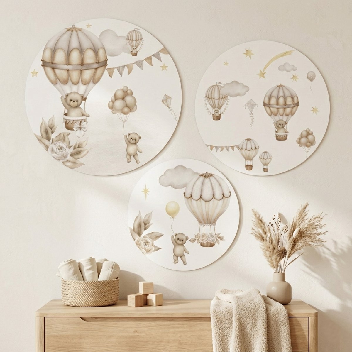 Muurcirkel beertjes- bear en balloon- babykamer decoratie - kinderkamer- versiering - wandcirkel baby - muursticker- beer en luchtballon set van 3 cirkels - 40cm