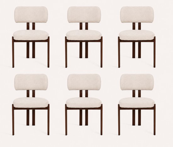 Six chaises de salle à manger en tissu beige avec cadres en bois foncé, disposées en deux rangées de trois.