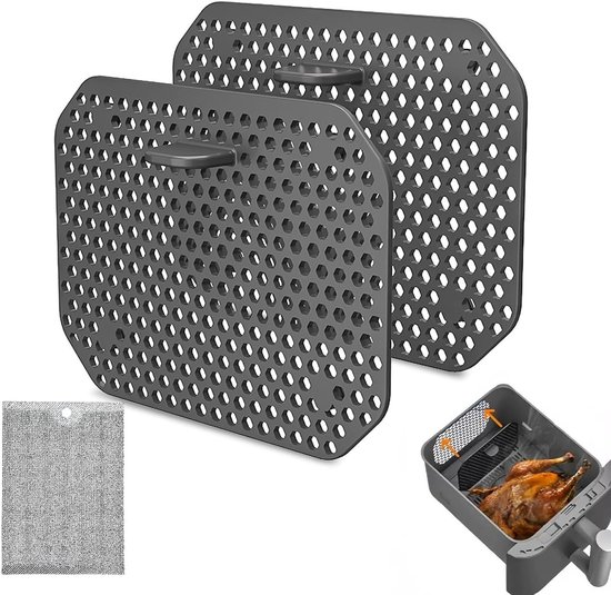 Set van 2 Herbruikbare Siliconen Spatdeksels voor Airfryer met Schoonmaakdoek - Geschikt voor XL Modellen en Dubbele Stapeling