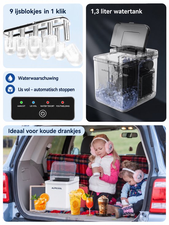 Jensaro Draagbare IJsblokjesmachine - Auto IJsmaker 12V/24V/230V - Camping IJsmachine - 9 IJsblokjes in 7 Minuten - 24L/Dag -Wit — afbeelding 3