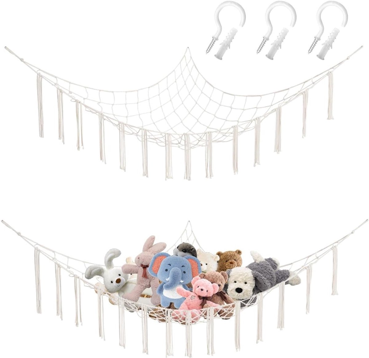 Grote Opbergnet voor Knuffeldieren, Boho Speelgoednet, Hoeknet voor Kinderspeelgoed, Ideaal voor Ruimtebesparing en Organisatie