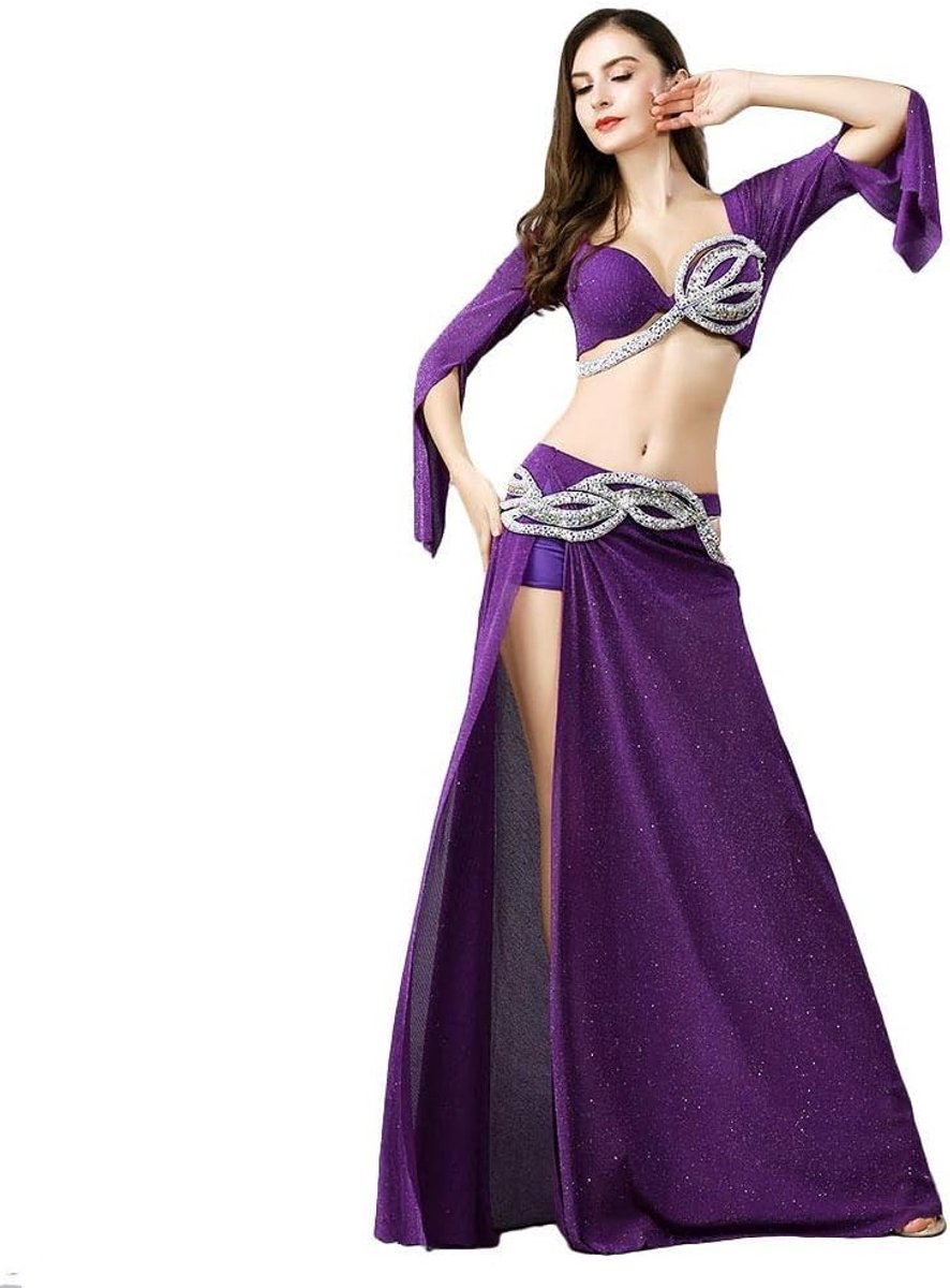 Belly Dance Kostuum voor Vrouwen met Beaded Bra en Hoge Split Rok - Zwart Paars Sexy Outfit met Lange Mouwen en Backless Design, S