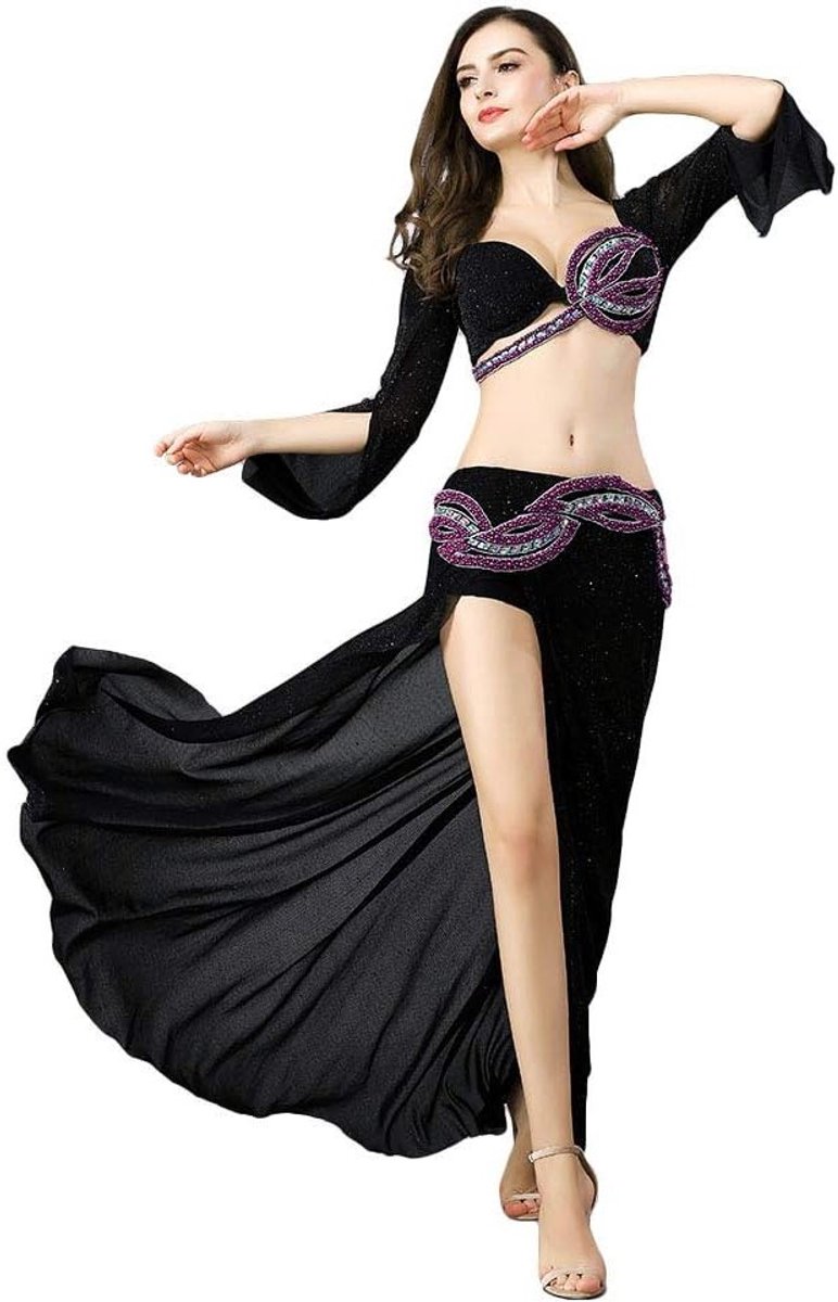 Belly Dancing Kostuum voor Vrouwen met Beaded Bra, Hoge Splits Rok en Lange Mouwen in Zwart en Paars - Sexy Dansoutfit voor Feestjes en Optredens