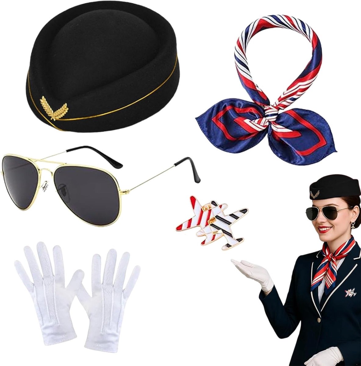 Vijfdelige kostuumaccessoireset voor stewardess met sjaals, hoed, handschoenen en zonnebril voor carnaval en cosplay