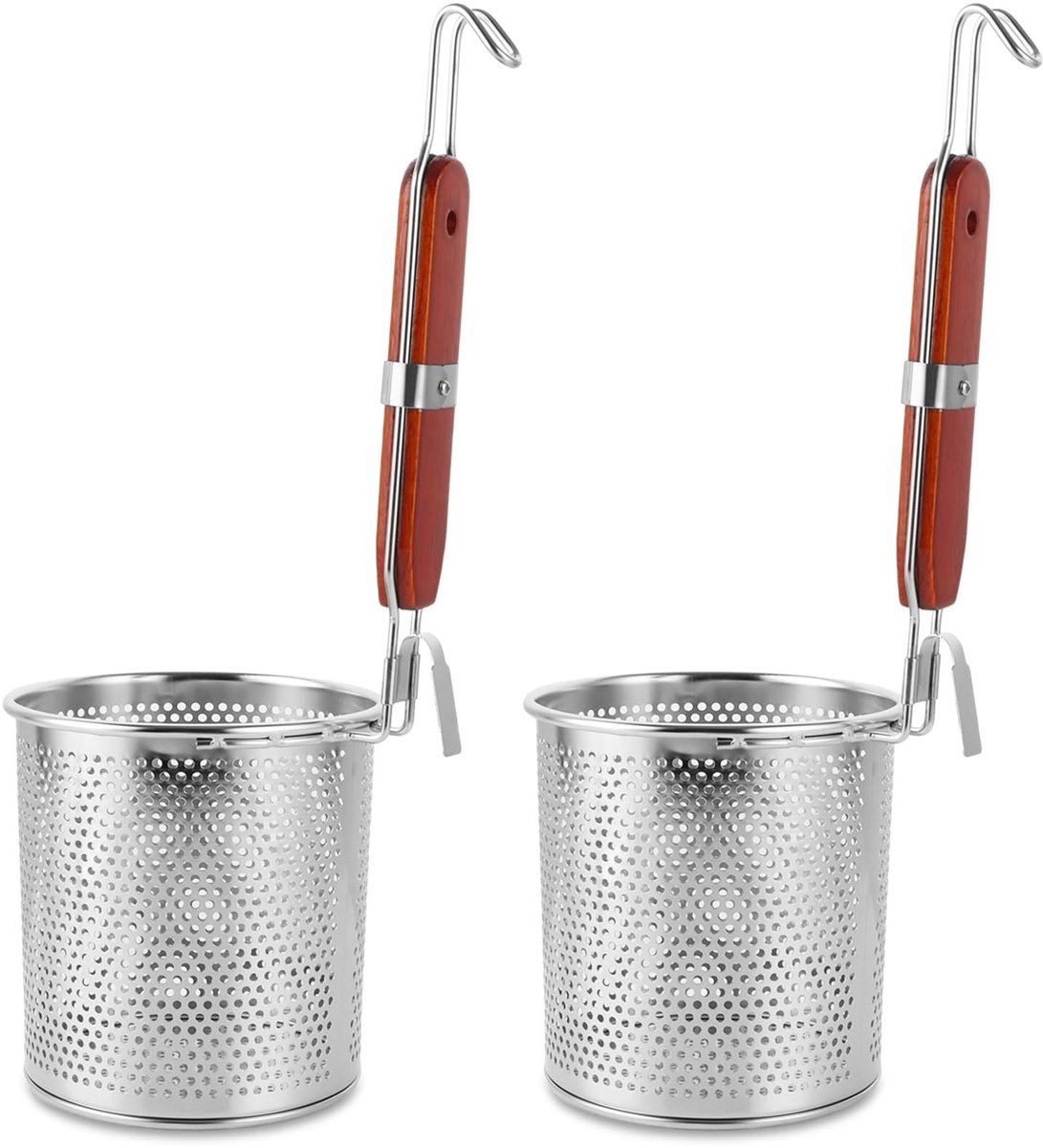 Dailygoods - Pastazeef Roestvrij Staal - Microgeperforeerde Frituurmand - Hittebestendig Houten Handvat - Keukenzeef voor Spaghetti - Vaatwasserbesten