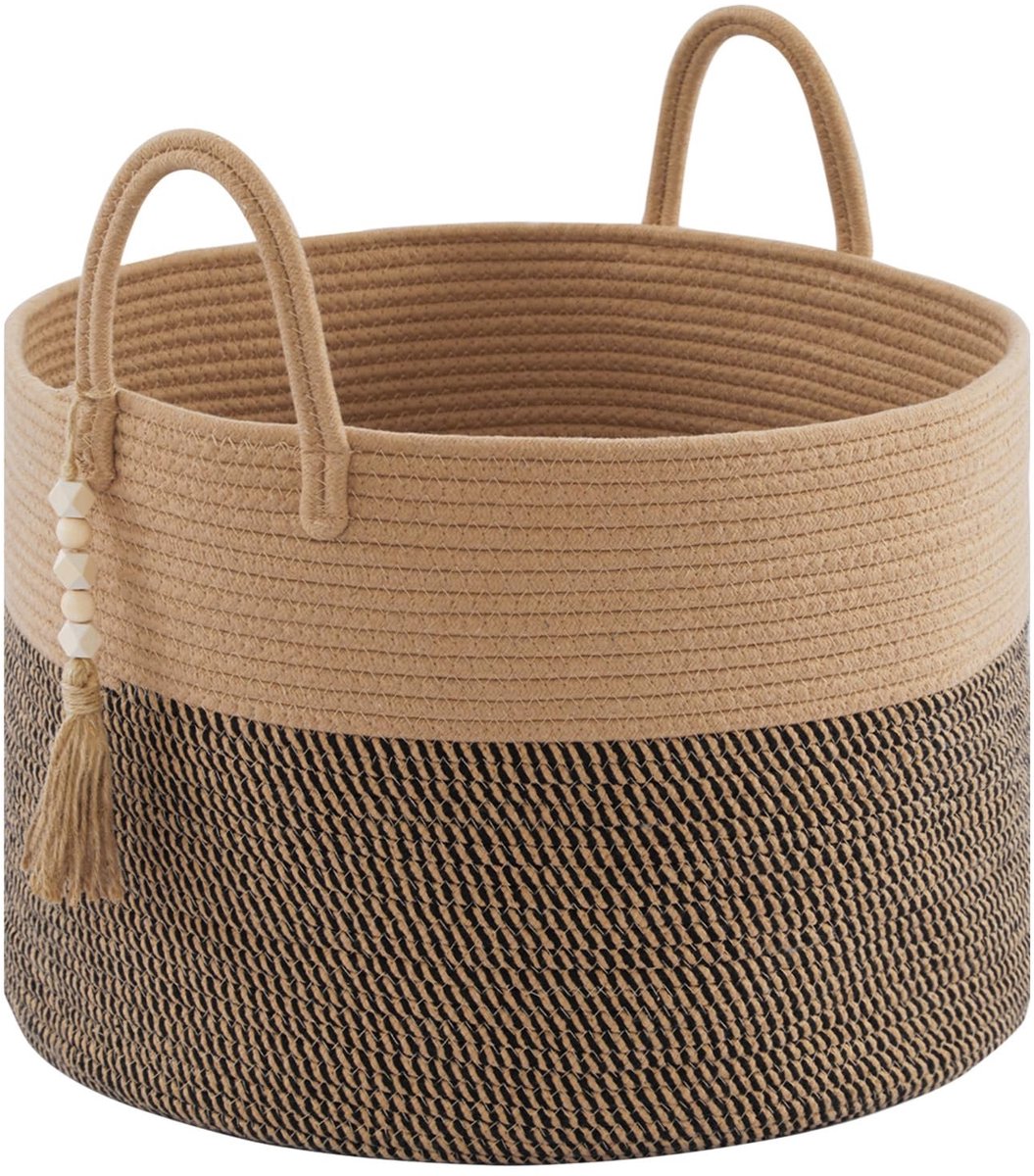 Dailygoody - Wasmand - Gevlochten - Groot formaat - 65 liter - Opbergmand voor speelgoed en dekens - Praktische wasverzamelaar - Jute en zwart