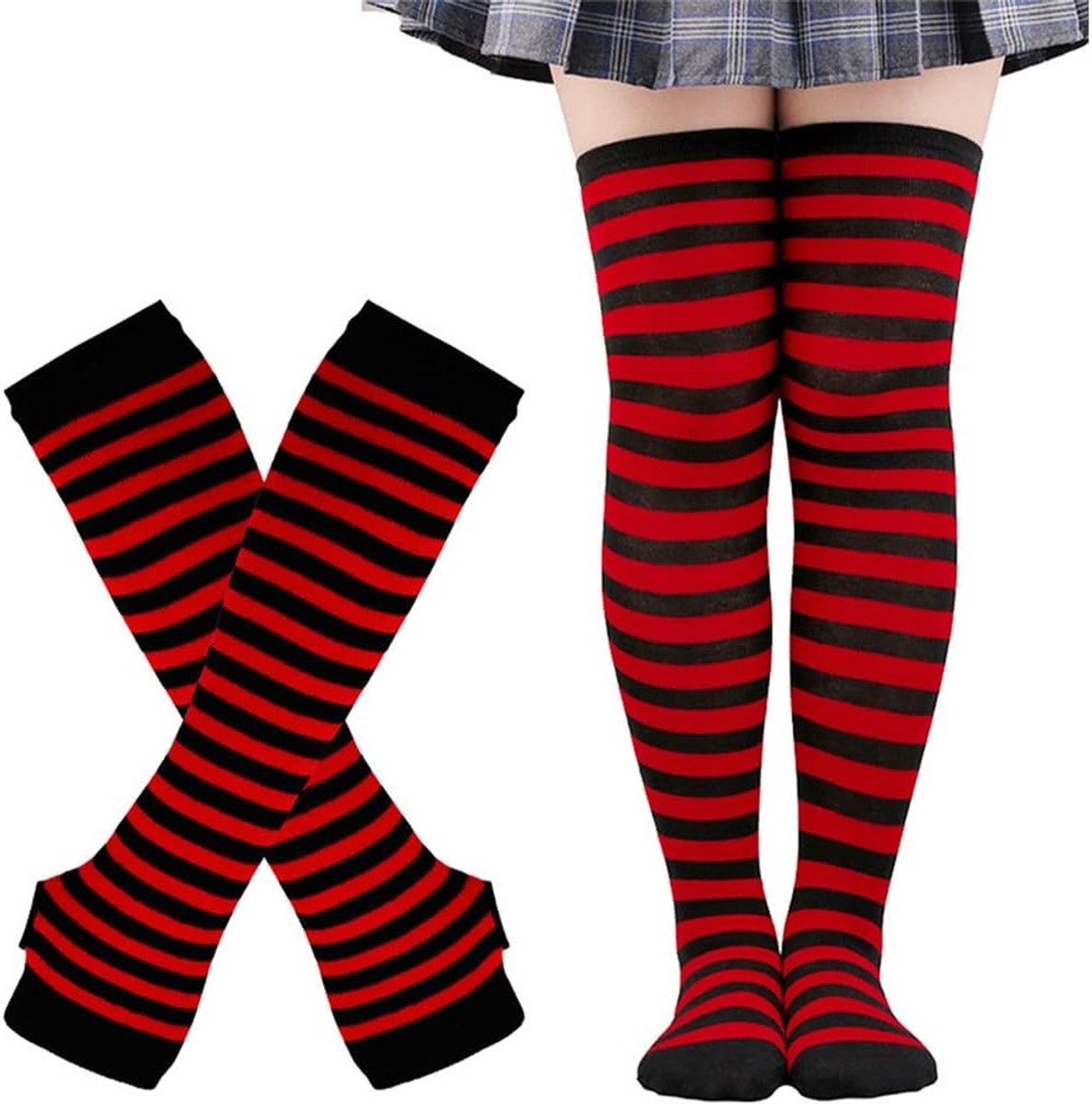 Gestreepte lange handschoenen set, sportkousen boven de knie, zonder vingers, leggings voor kostuumfeesten en kerst, perfect voor zwart-wit gestreepte outfits en themafeesten