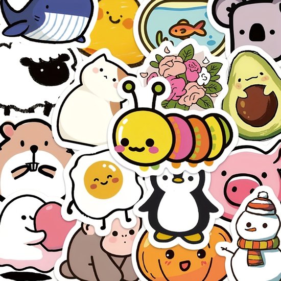 Une collection d'autocollants mignons représentant une chenille, un pingouin, un bonhomme de neige, une citrouille, un œuf et un mouton.