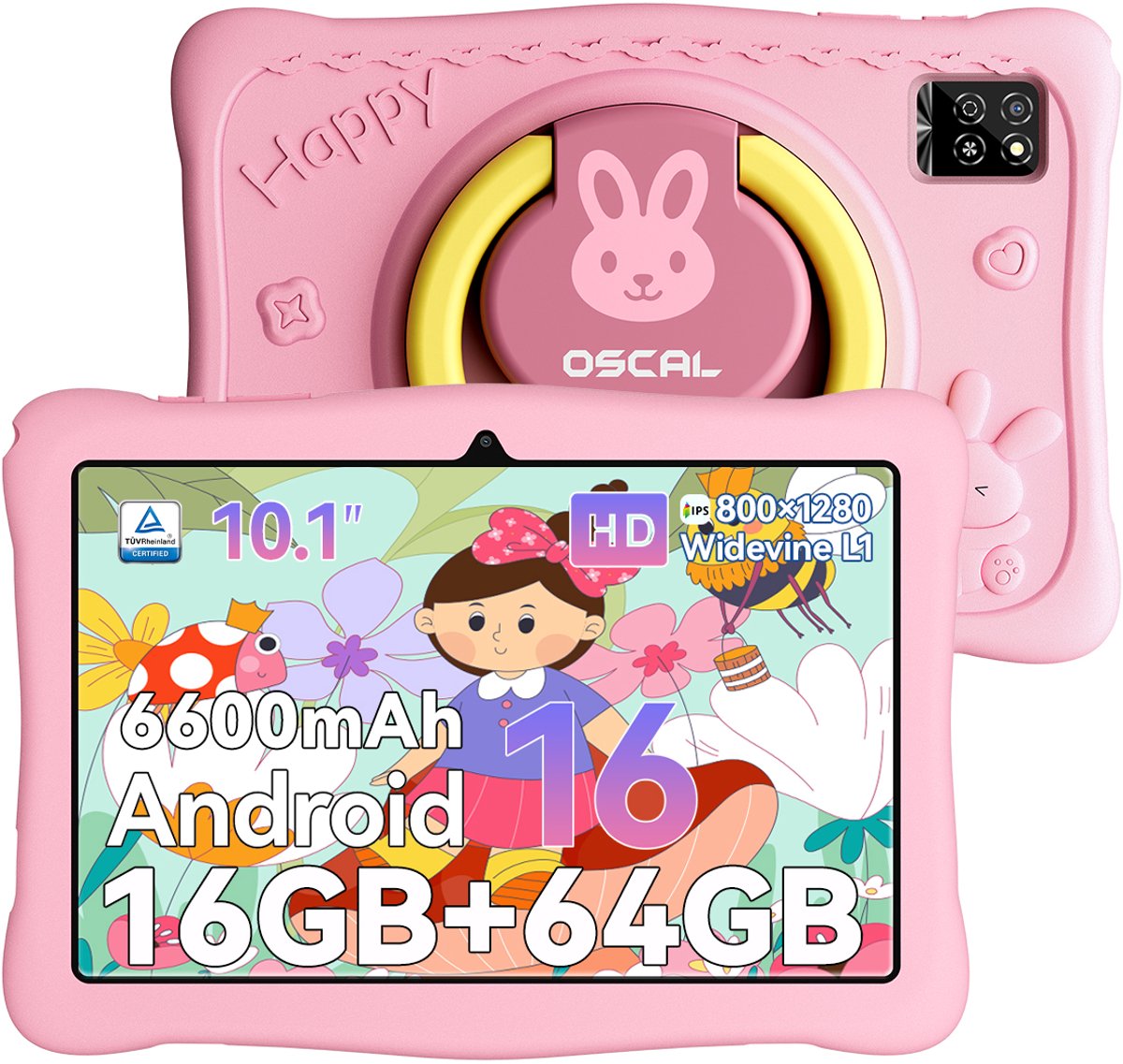 OSCAL KIDO2 - Tablet - Kindertablet - 8GB RAM - 64GB ROM - 10.1 inch - 6600mAh - Android 16 - Ouderlijk Toezicht App - Oogzorgmodus - Inclusief Beschermhoes - Roze