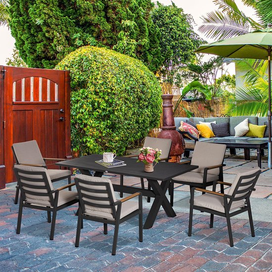 Pugsdrly Ensemble de jardin pour 6 personnes, 6 chaises, 1 table, résistant aux intempéries, 175 cm x 92 cm x 73 cm, noir + gris