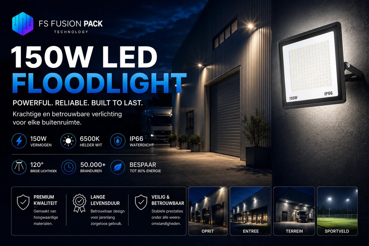 XL Outdoor 150W LED Floodlight Waterdichte LED Schijnwerper voor Tuin en Terras- 50Watt LED Flood Light IP66- Led-FS Fusion Pack Technology – LED IP66 – 50W / 150W – 6000K – Waterdichte Buitenlamp – Aluminium LED Floodlight – Reflector Spotligh
