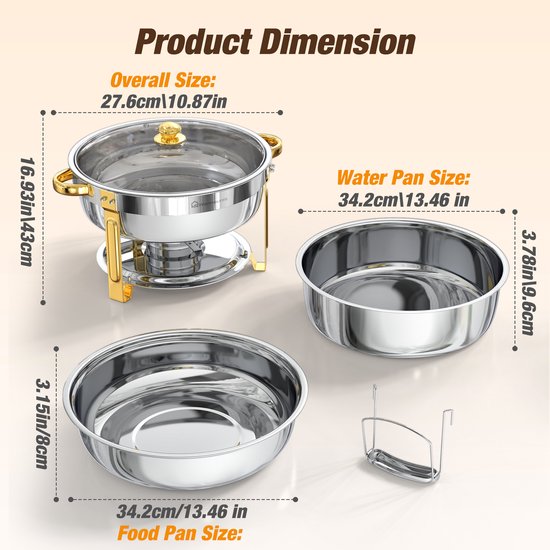 WARMOUNTS 6L Chafing Dish Set (4 Stuks) - Ronde Roestvrijstalen Warmhoudschalen met Glasdeksel, Stapelbaar Buffet Rechaud met Dekselhouder - Zilver & Goud, Voor Catering, Feest, Bruiloft — afbeelding 5