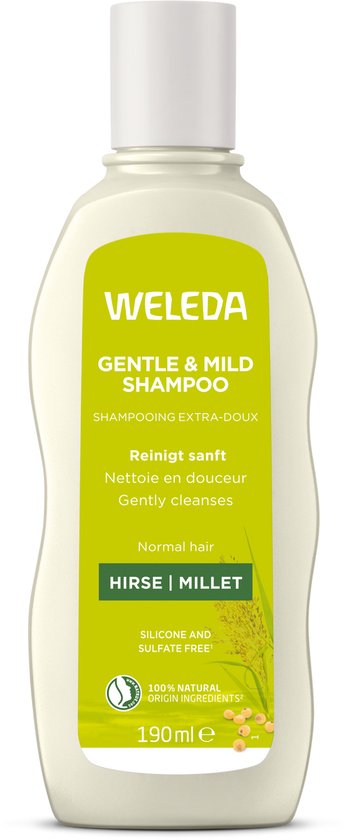 Weleda milde shampoo fles met afbeelding van gierst.
