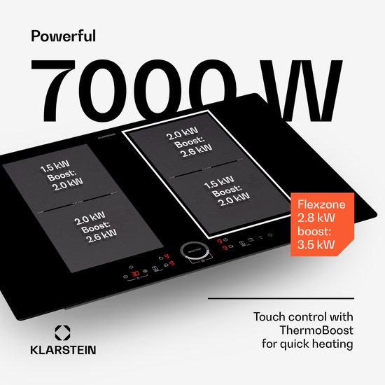 Klarstein inductiekookplaat 4 velden, inbouw inductiekookplaat met 4 kookvelden, 7000 watt inductie kookplaat, inductie kookplaat met touch bediening & timer, efficiënt elektrisch inductiefornuis - 52 cm - voor Keuken - Flexzone Kinderslot